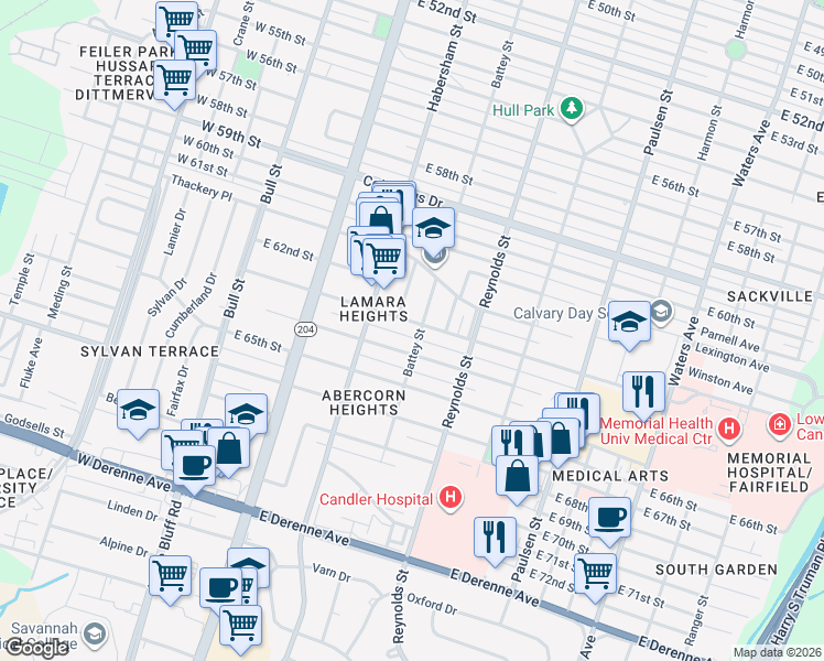 map of restaurants, bars, coffee shops, grocery stores, and more near 225 East 63rd Street in Savannah