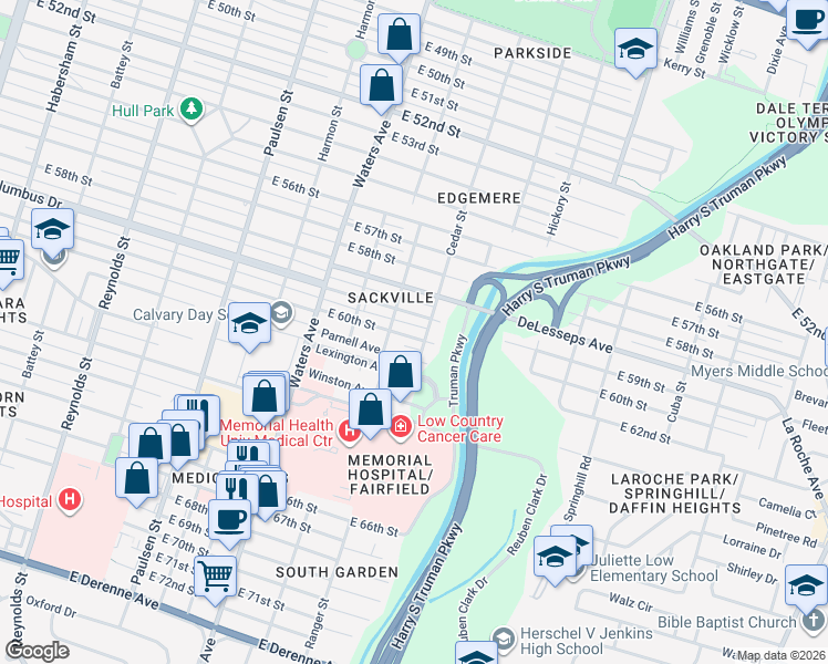 map of restaurants, bars, coffee shops, grocery stores, and more near 1316 East 60th Street in Savannah
