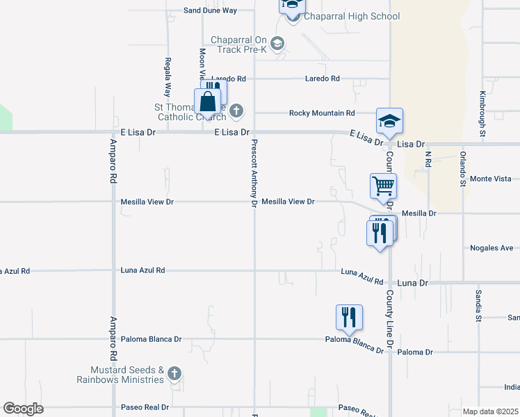 map of restaurants, bars, coffee shops, grocery stores, and more near 601 Mesilla View Drive in Chaparral
