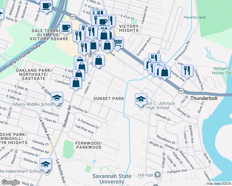 map of restaurants, bars, coffee shops, grocery stores, and more near 2357 Jurgensen Street in Savannah