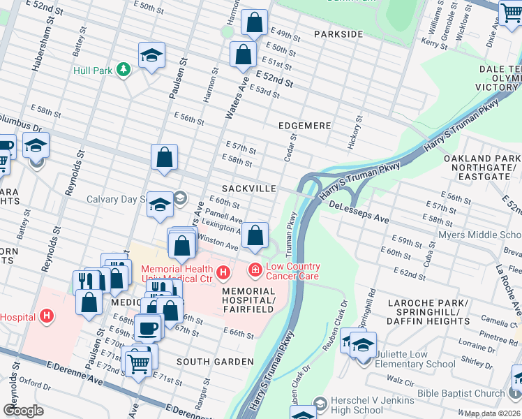 map of restaurants, bars, coffee shops, grocery stores, and more near 1316 East 60th Street in Savannah