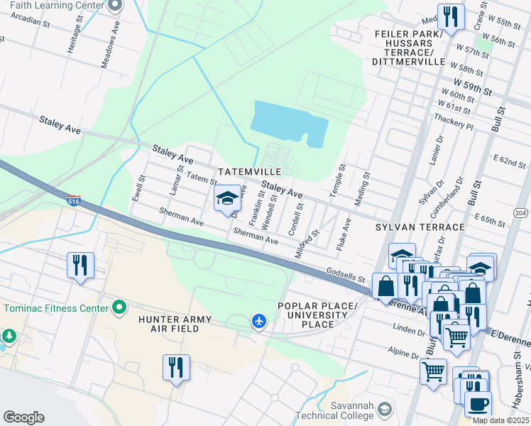map of restaurants, bars, coffee shops, grocery stores, and more near 5204 Wendell Street in Savannah