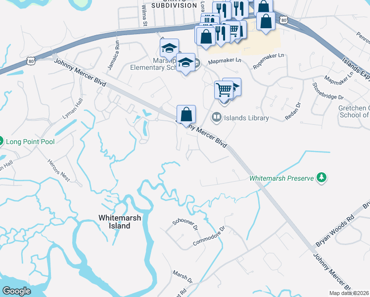 map of restaurants, bars, coffee shops, grocery stores, and more near 5101 Walden Park Drive in Savannah