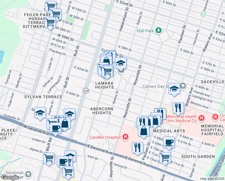 map of restaurants, bars, coffee shops, grocery stores, and more near 225 East 63rd Street in Savannah