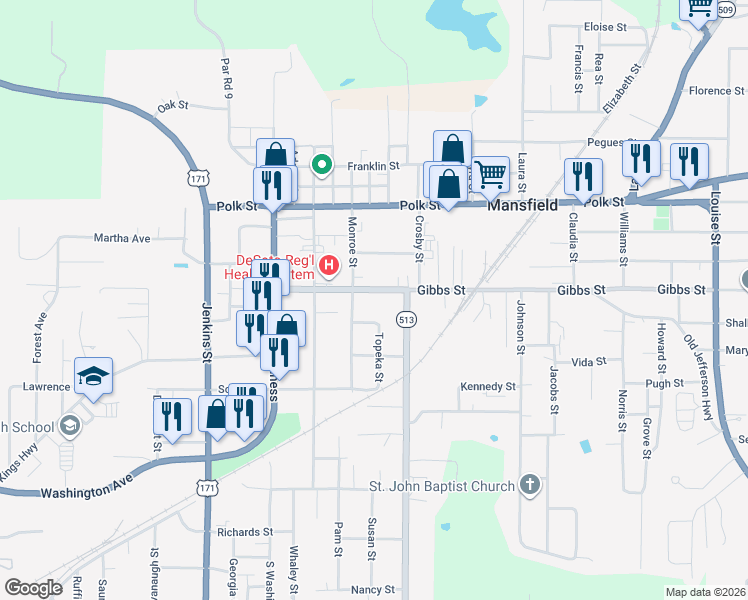 map of restaurants, bars, coffee shops, grocery stores, and more near 312 Gibbs Street in Mansfield