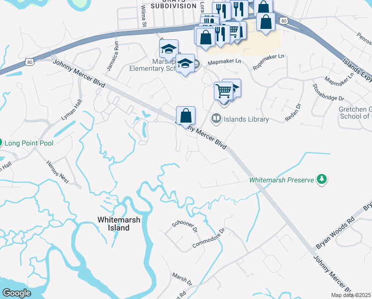 map of restaurants, bars, coffee shops, grocery stores, and more near 5101 Walden Park Drive in Savannah