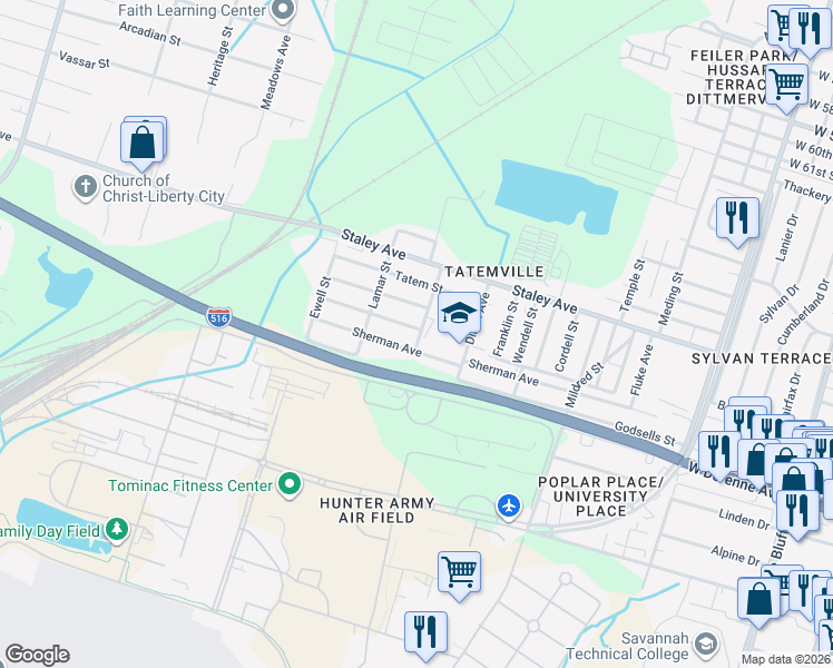 map of restaurants, bars, coffee shops, grocery stores, and more near 1104 Sherman Avenue in Savannah