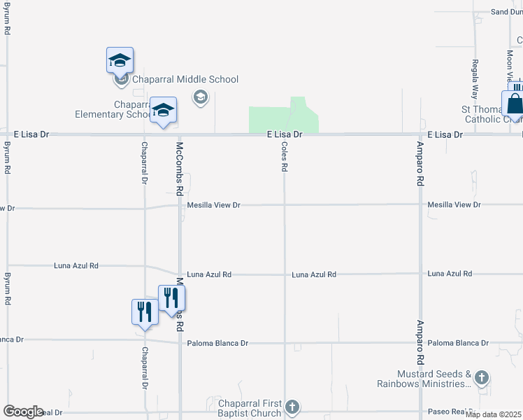 map of restaurants, bars, coffee shops, grocery stores, and more near 349 Mesilla View Drive in Chaparral