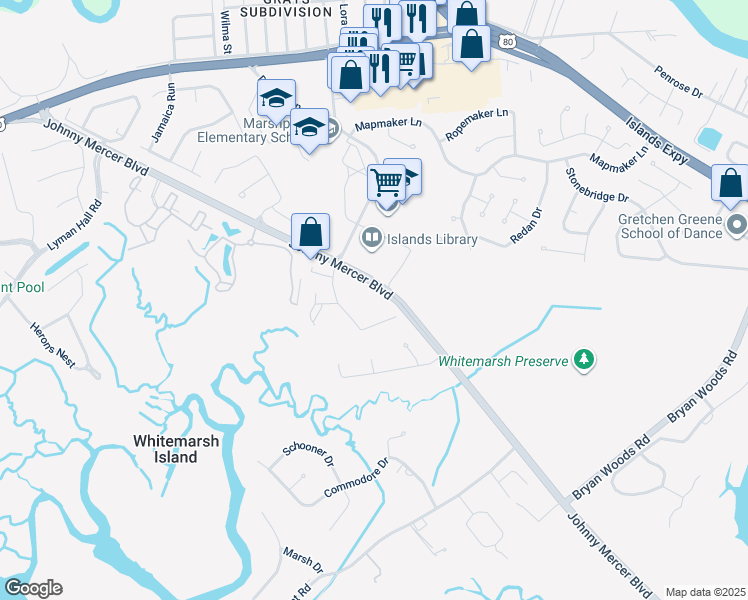map of restaurants, bars, coffee shops, grocery stores, and more near 59 Johnny Mercer Boulevard in Savannah