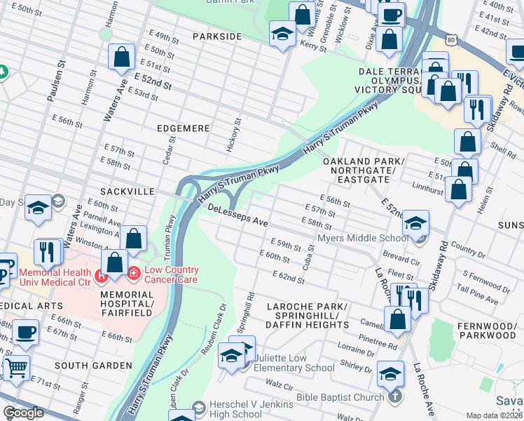 map of restaurants, bars, coffee shops, grocery stores, and more near 1816 DeLesseps Avenue in Savannah