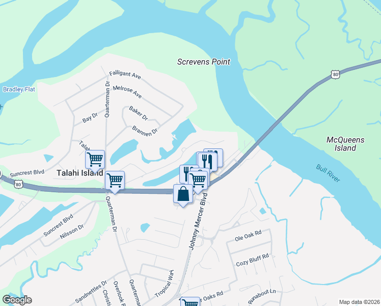 map of restaurants, bars, coffee shops, grocery stores, and more near 205 East Point Drive in Savannah