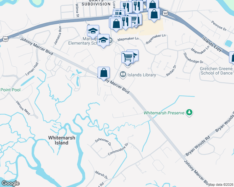 map of restaurants, bars, coffee shops, grocery stores, and more near 7104 Walden Park Drive in Savannah