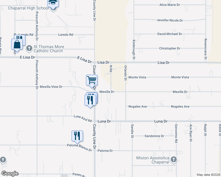 map of restaurants, bars, coffee shops, grocery stores, and more near 712-714 Mesilla Drive in Chaparral