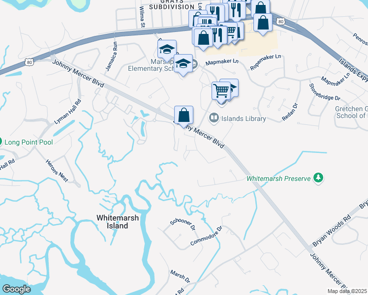 map of restaurants, bars, coffee shops, grocery stores, and more near 5101 Walden Park Drive in Savannah