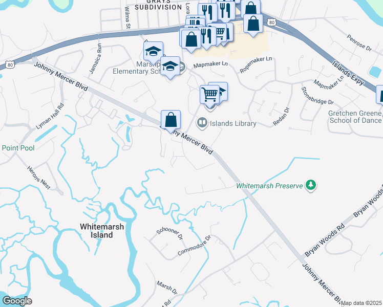 map of restaurants, bars, coffee shops, grocery stores, and more near 1303 Walden Park Drive in Savannah