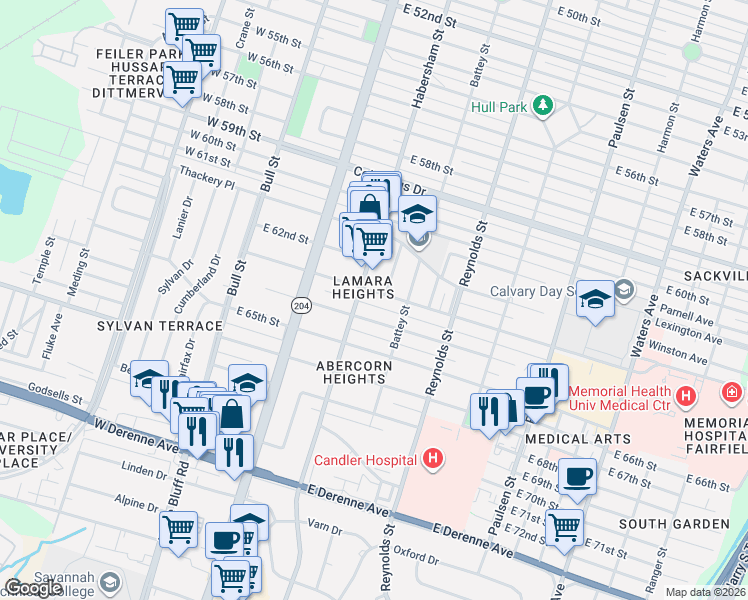 map of restaurants, bars, coffee shops, grocery stores, and more near 202 East 64th Street in Savannah