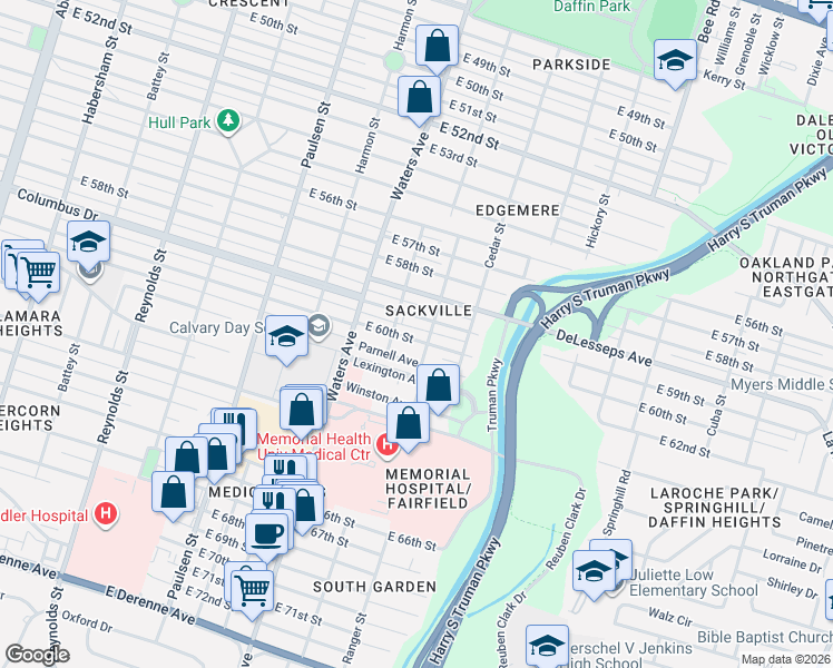 map of restaurants, bars, coffee shops, grocery stores, and more near 1213 East 60th Street in Savannah