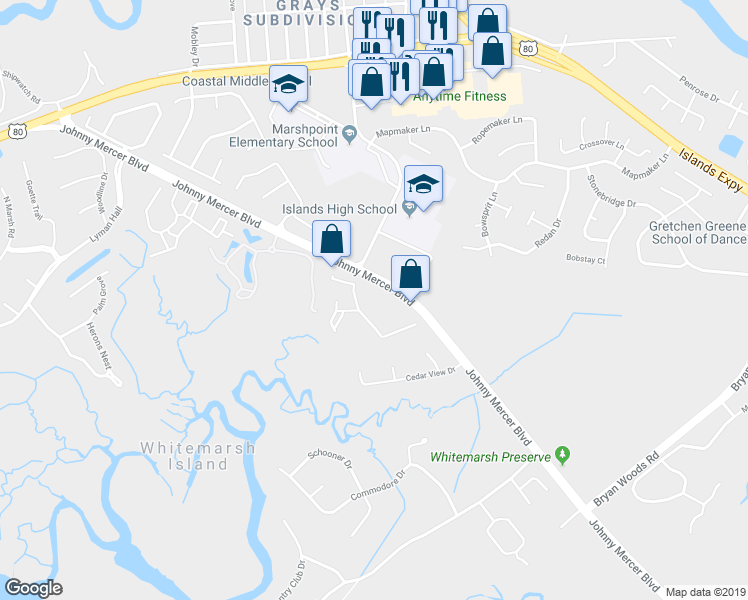 map of restaurants, bars, coffee shops, grocery stores, and more near 7104 Walden Park Drive in Savannah
