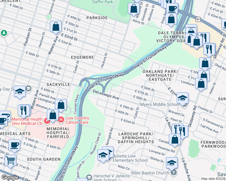 map of restaurants, bars, coffee shops, grocery stores, and more near 1816 DeLesseps Avenue in Savannah