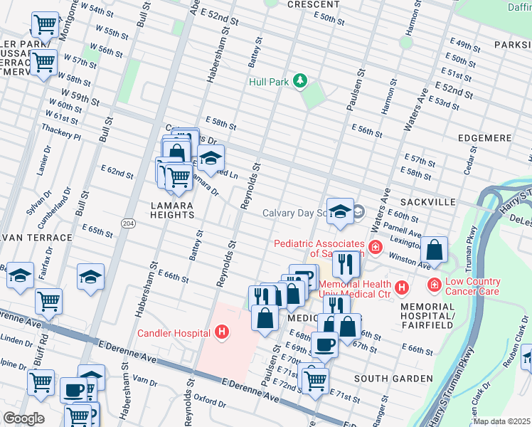 map of restaurants, bars, coffee shops, grocery stores, and more near 414 East 62nd Street in Savannah