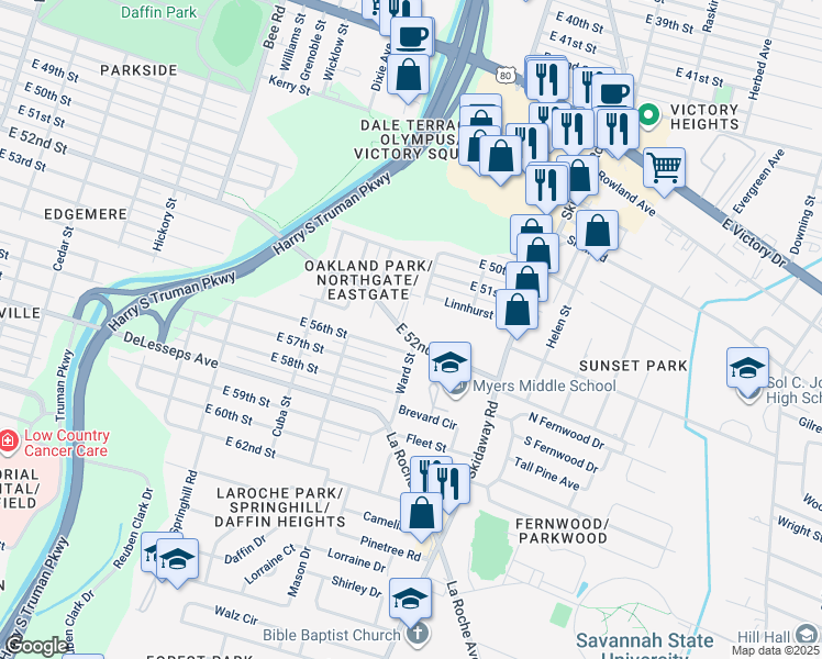 map of restaurants, bars, coffee shops, grocery stores, and more near 2222 East 56th Street in Savannah