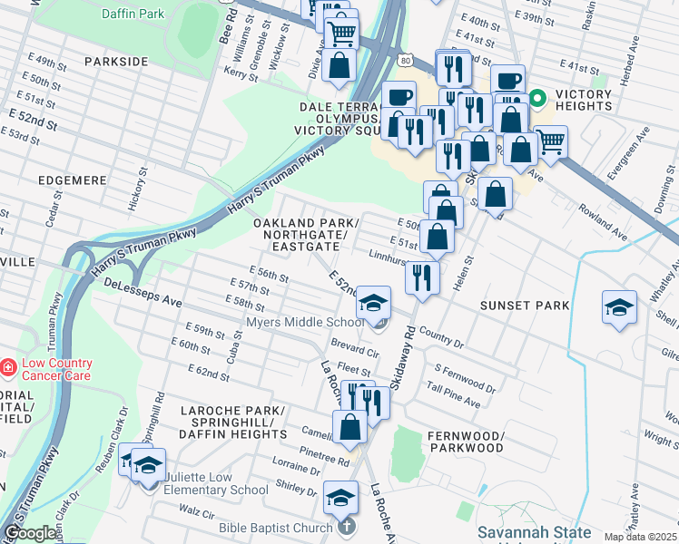 map of restaurants, bars, coffee shops, grocery stores, and more near 3650 Duane Court in Savannah