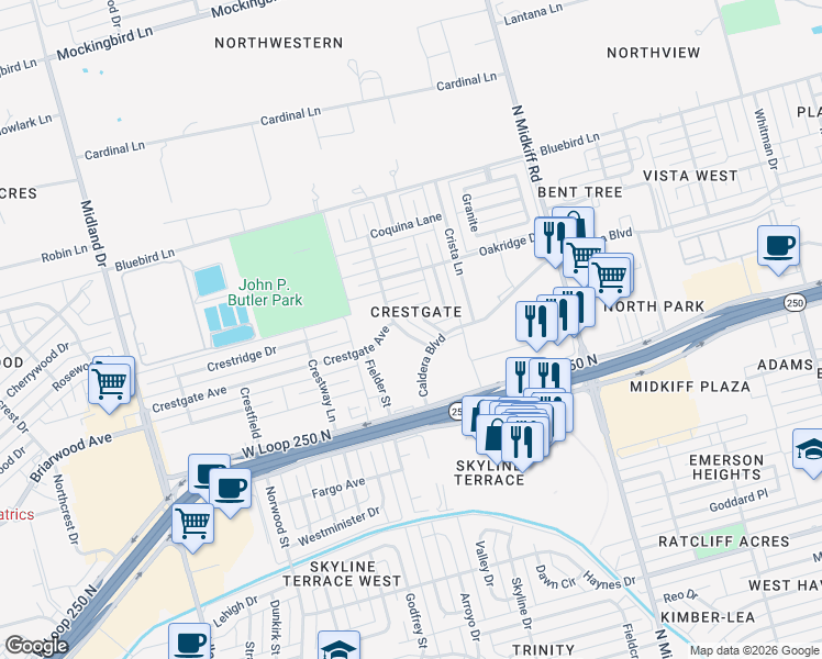 map of restaurants, bars, coffee shops, grocery stores, and more near 4721 Timber Lane in Midland