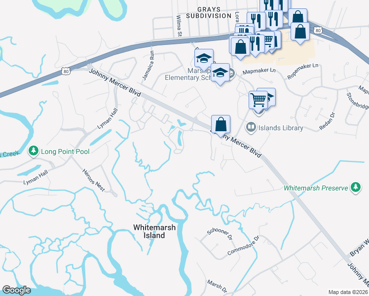 map of restaurants, bars, coffee shops, grocery stores, and more near 1002 Hammocks View in Savannah