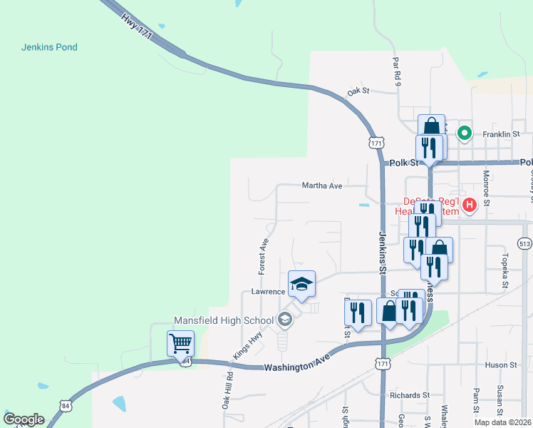 map of restaurants, bars, coffee shops, grocery stores, and more near 303 Forest Avenue in Mansfield