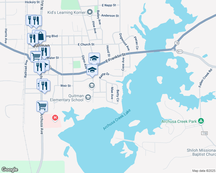 map of restaurants, bars, coffee shops, grocery stores, and more near 303 Betty Circle in Quitman