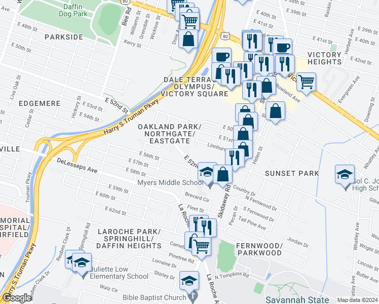 map of restaurants, bars, coffee shops, grocery stores, and more near 3646 Duane Court in Savannah