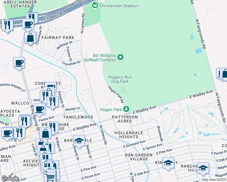 map of restaurants, bars, coffee shops, grocery stores, and more near Hogan Park Road in Midland