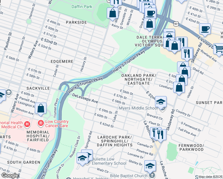 map of restaurants, bars, coffee shops, grocery stores, and more near 1910 East 56th Street in Savannah