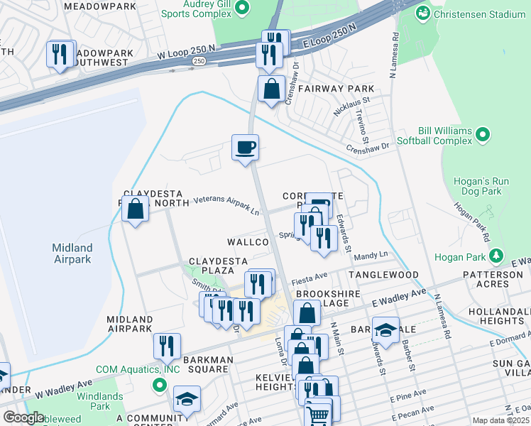 map of restaurants, bars, coffee shops, grocery stores, and more near 3801 North Big Spring Street in Midland