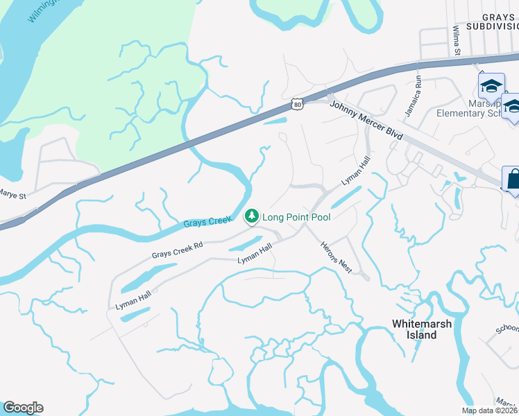 map of restaurants, bars, coffee shops, grocery stores, and more near 11 North Marsh Road in Savannah
