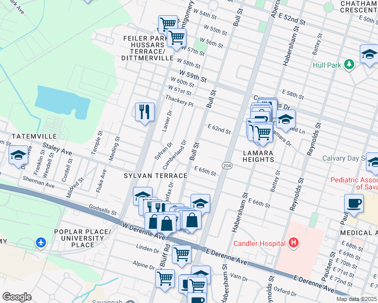 map of restaurants, bars, coffee shops, grocery stores, and more near 4646 Cumberland Drive in Savannah