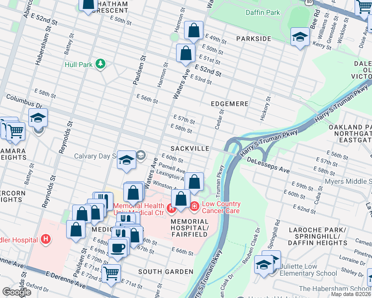 map of restaurants, bars, coffee shops, grocery stores, and more near 1208 East 59th Street in Savannah