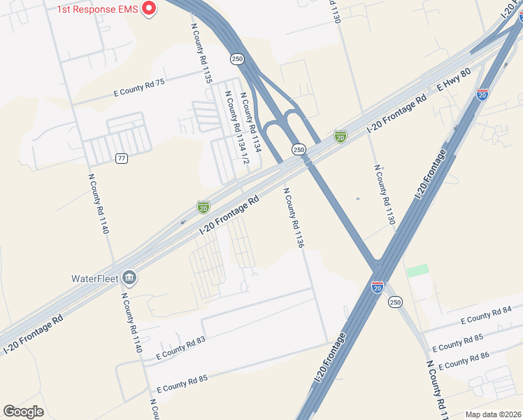 map of restaurants, bars, coffee shops, grocery stores, and more near Interstate 20 Frontage Road in Midland