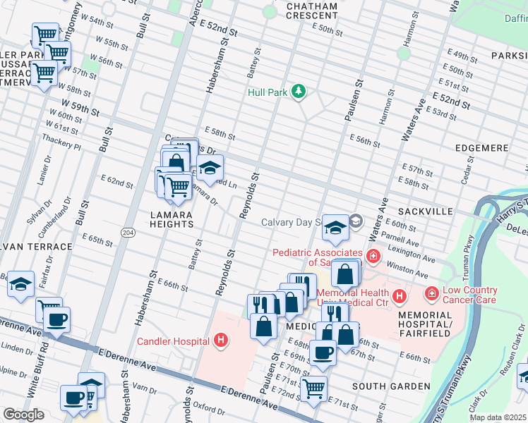 map of restaurants, bars, coffee shops, grocery stores, and more near 411 East 61st Street in Savannah