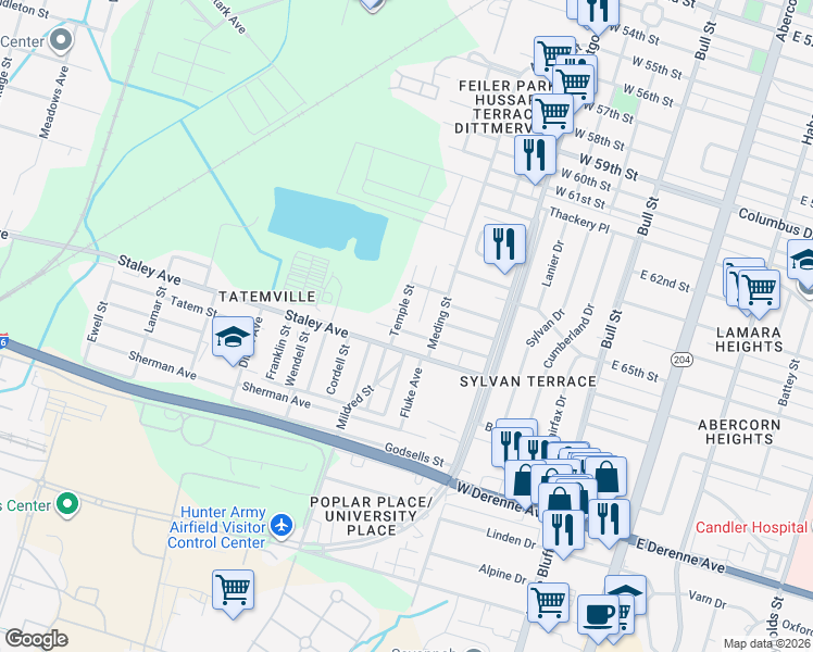 map of restaurants, bars, coffee shops, grocery stores, and more near 5026 Temple Street in Savannah