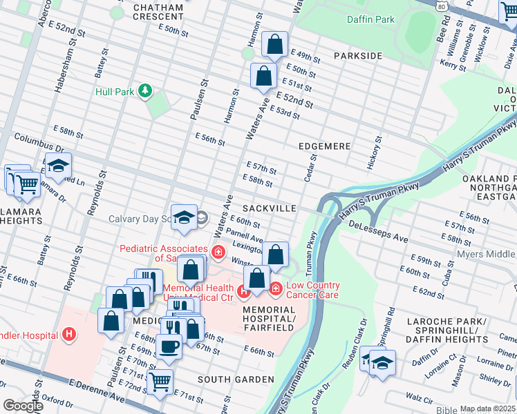 map of restaurants, bars, coffee shops, grocery stores, and more near 1208 East 59th Street in Savannah