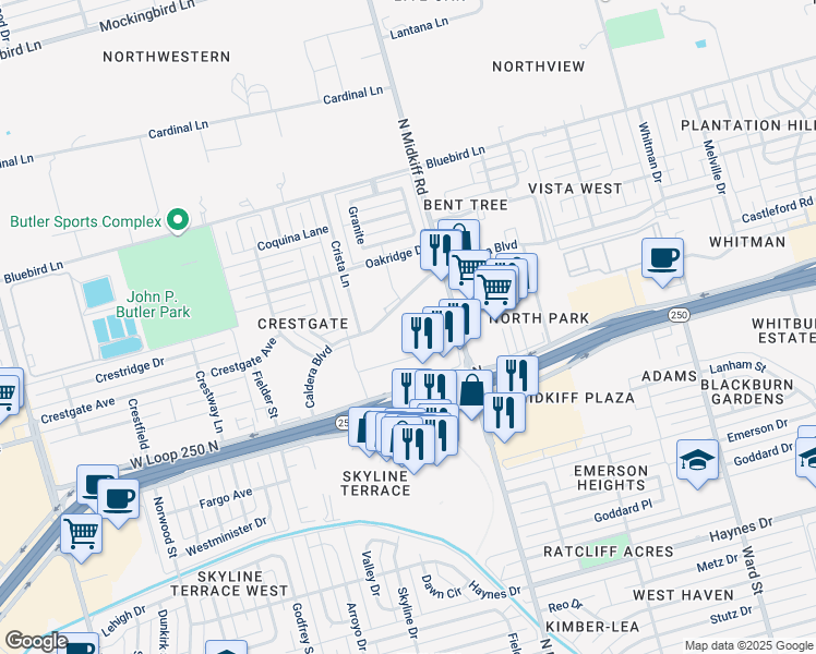 map of restaurants, bars, coffee shops, grocery stores, and more near 3405 Caldera Boulevard in Midland