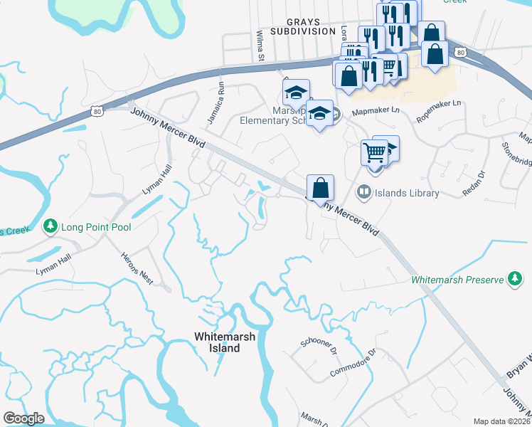 map of restaurants, bars, coffee shops, grocery stores, and more near Hammocks View in Savannah