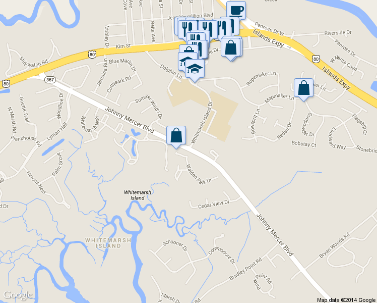 map of restaurants, bars, coffee shops, grocery stores, and more near 25-33 Johnny Mercer Boulevard in Savannah