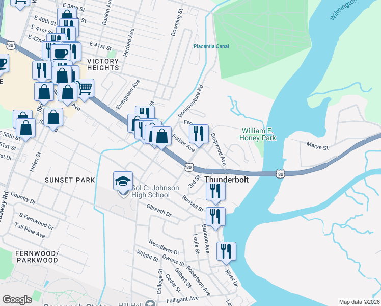 map of restaurants, bars, coffee shops, grocery stores, and more near 2606 Mechanics Avenue in Savannah