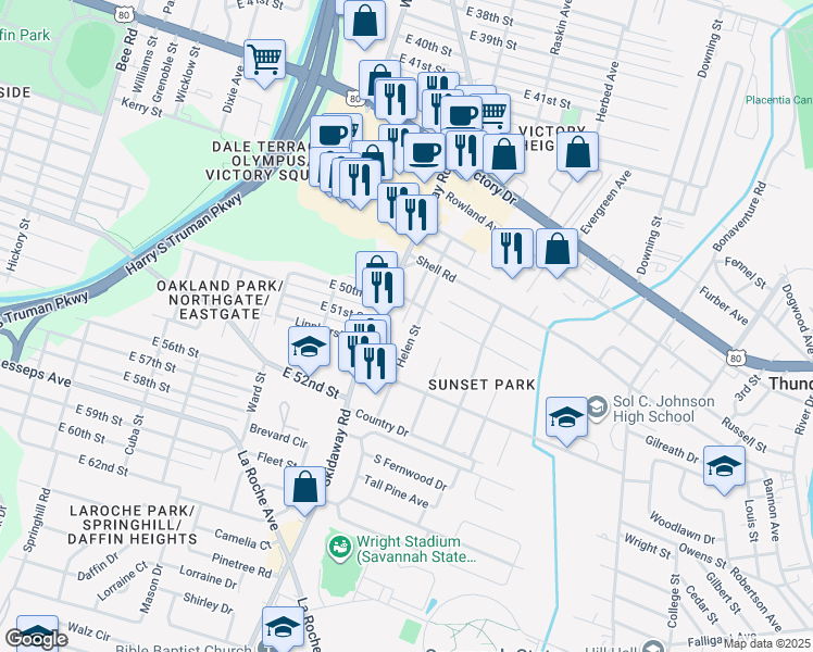 map of restaurants, bars, coffee shops, grocery stores, and more near 3119 Gibbons Street in Savannah
