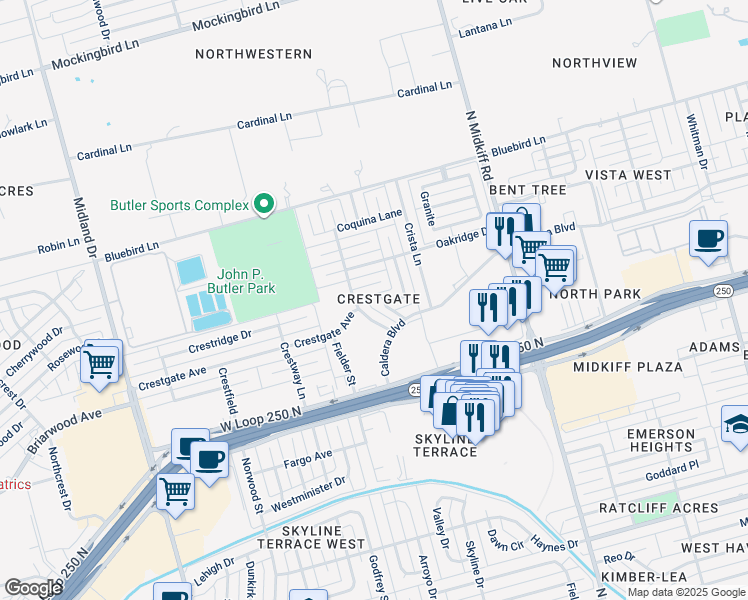 map of restaurants, bars, coffee shops, grocery stores, and more near 4721 Timber Lane in Midland