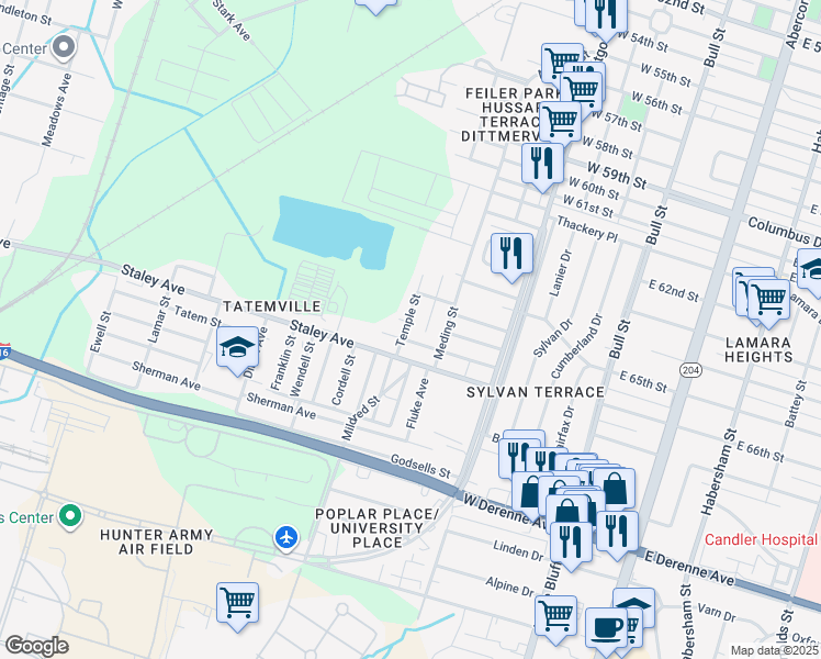 map of restaurants, bars, coffee shops, grocery stores, and more near 5026 Temple Street in Savannah