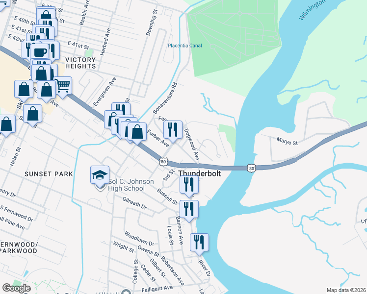 map of restaurants, bars, coffee shops, grocery stores, and more near 2610 River Drive in Savannah