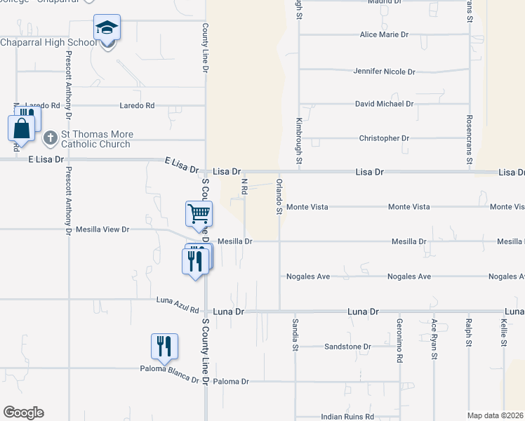 map of restaurants, bars, coffee shops, grocery stores, and more near 533 North Road in Chaparral